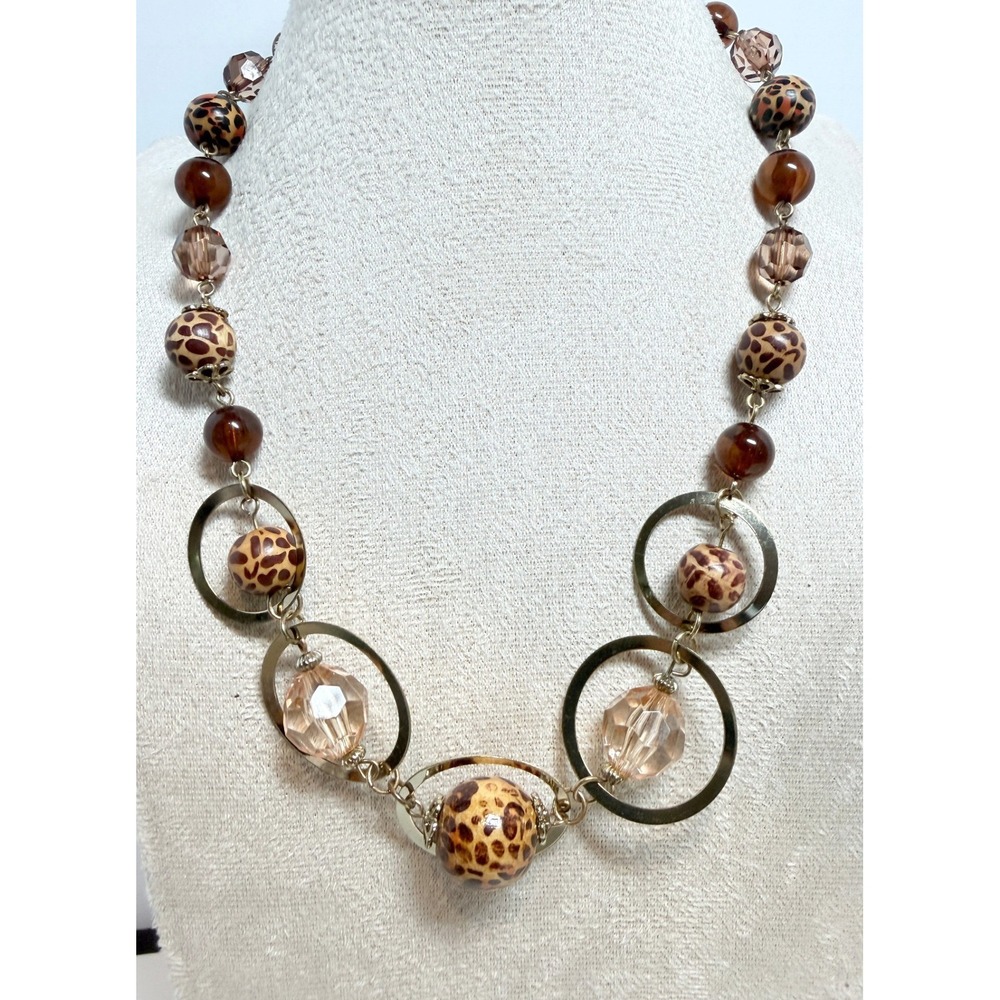 Leopard Cheetah Print Beaded Statement Necklace Gold Tone Rings 18–22"